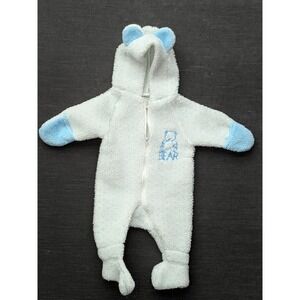 Triboro Baby Snow Suit Blue/White Soft Fuzzy Bear Hooded Body Suit 0-6 Months